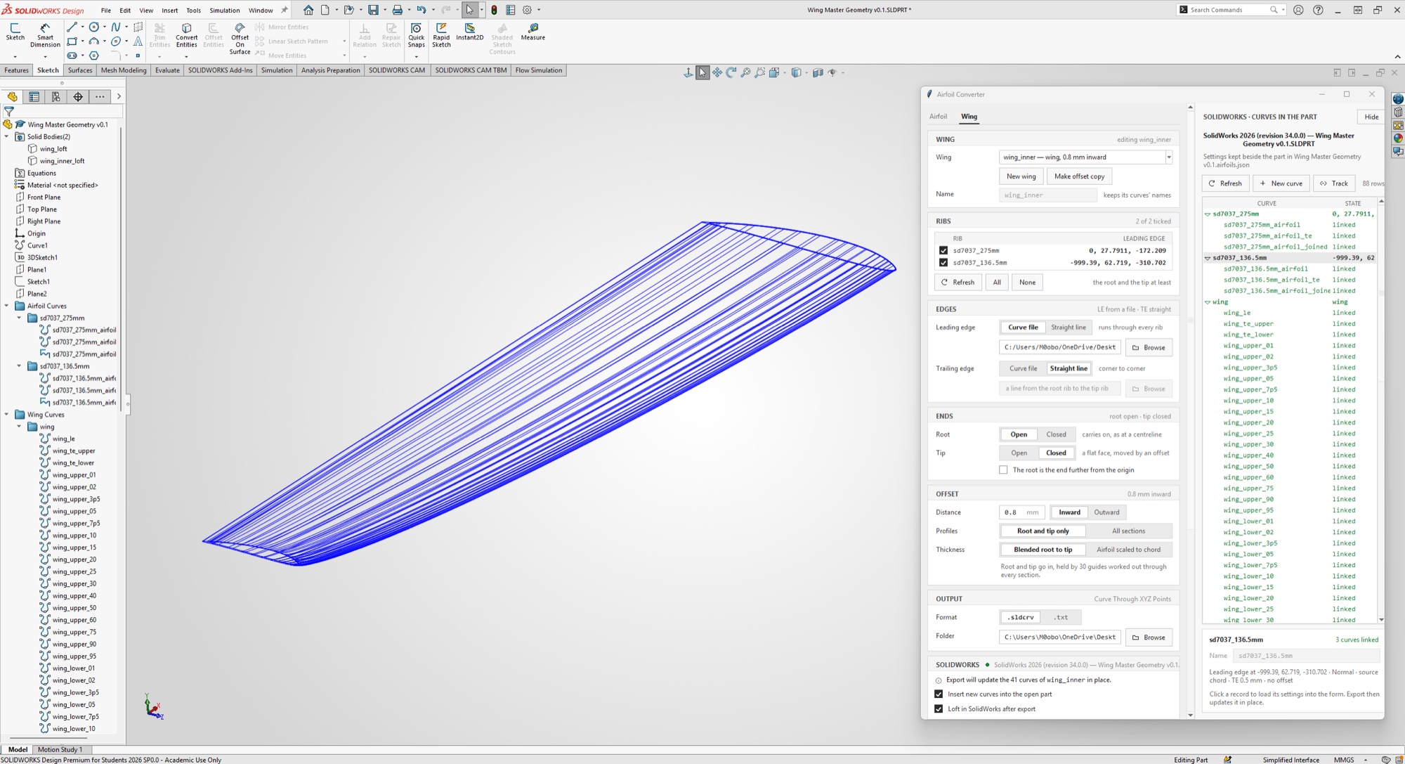 SolidWorks with the Airfoil Converter window docked on the right, its Wing tab open, and a lofted wing drawn as blue curves in the viewport.
