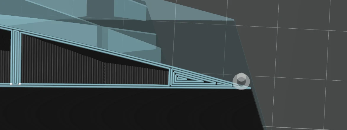 A slicer preview zoomed on a wing’s trailing edge: the translucent model tapers to a sharp point, while the extrusion loops converge into a narrowing wedge and stop short of it.