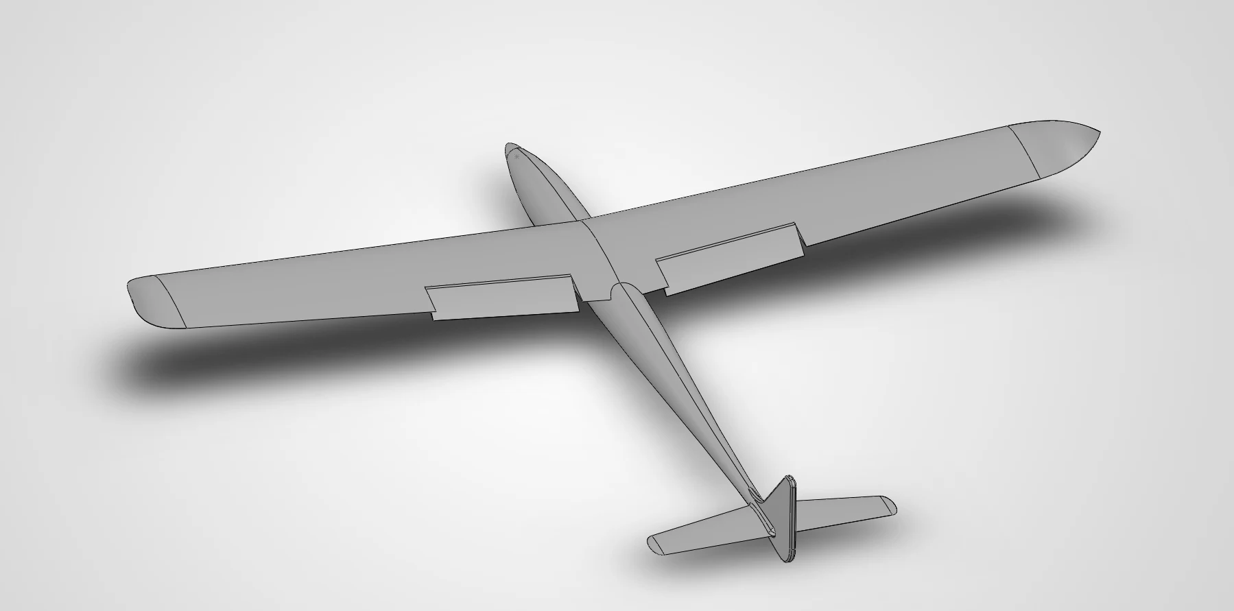 The v1 concept as one smooth shaded assembly: high wing with plain rounded tips and its flaps deflected down, a slender lofted fuselage, and a conventional tail. No propeller, nose detail or winglets.