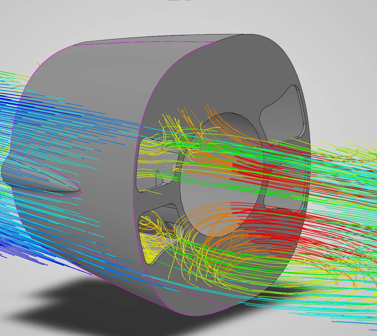A close view of the nose with trajectories arriving slowly in blue from the left, then turning red and orange as they accelerate through the cooling intake openings around the motor.