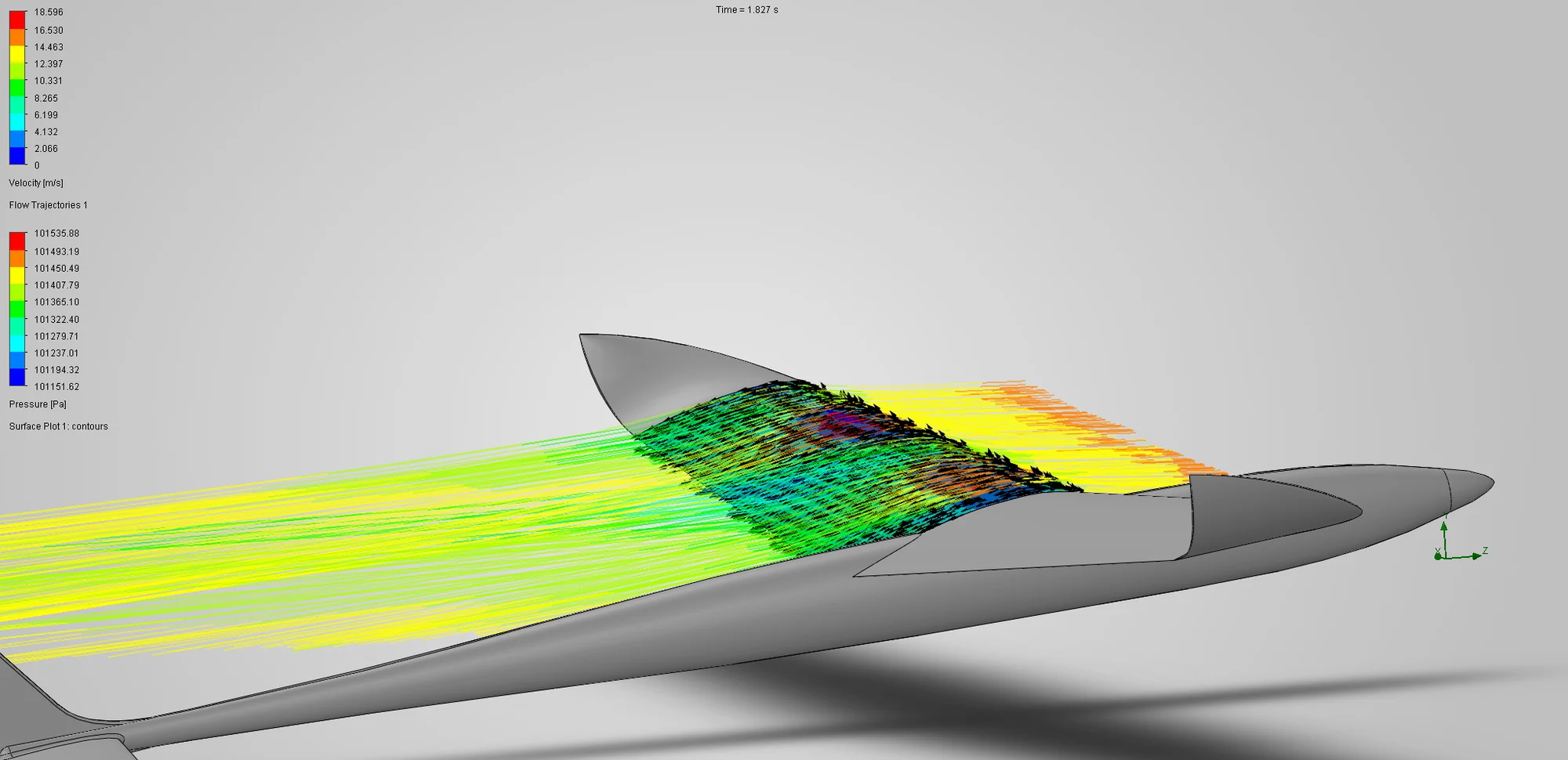 A SolidWorks Flow Simulation result: streamlines coloured from green to yellow running back over a wing with upturned tips, and a pressure contour plot across the upper surface between them.