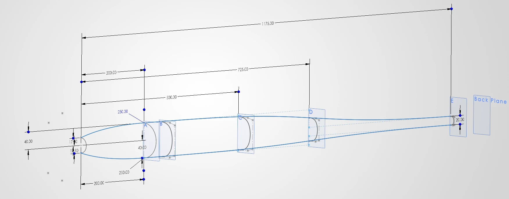 The fuselage drawn as a side profile with five cross-section planes labelled A to E standing along it, every station dimensioned, over an overall length of 1175 mm.