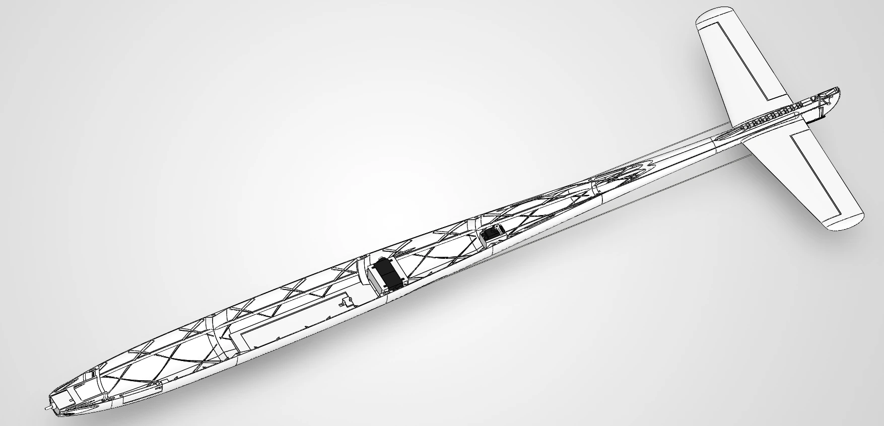 The whole fuselage in CAD cut through its top plane, showing the criss-crossing helical grid running its length, the access door openings in the skin, two servos mounted inside, and the tail at the far end.