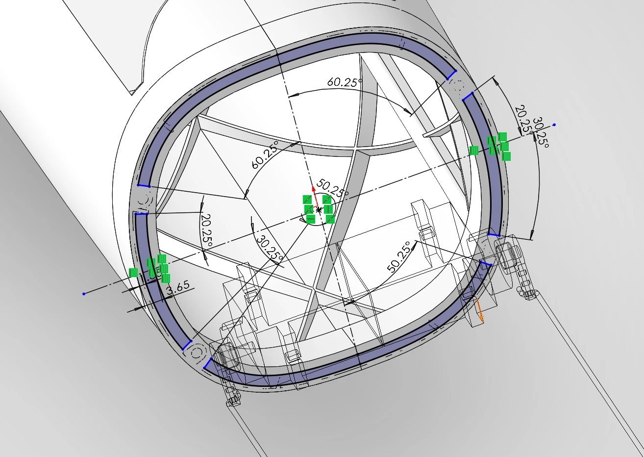 A fully dimensioned sketch on a circular fuselage cross-section, with angles of 20.25, 30.25, 50.25 and 60.25 degrees setting the positions of the joining pins and the wire holes around the ring.