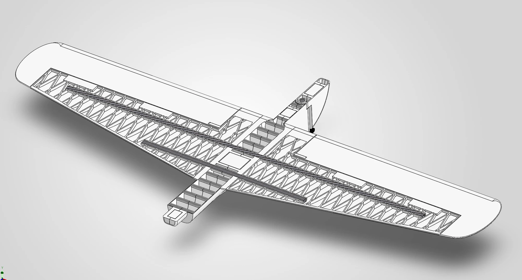 A cross section through the horizontal stabilisers and vertical fin, showing a triangular rib grid inside and two dark carbon spars running out through the span.