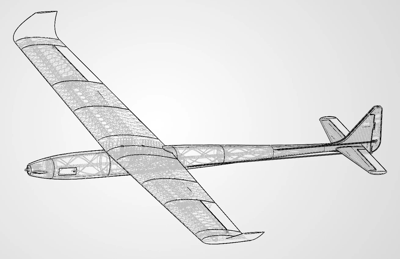 The whole v1 aircraft in CAD, drawn in wireframe so the printed grid inside the wing, fuselage and tail shows through the skin. High wing with upturned tips, long slender tail boom, propeller at the nose.