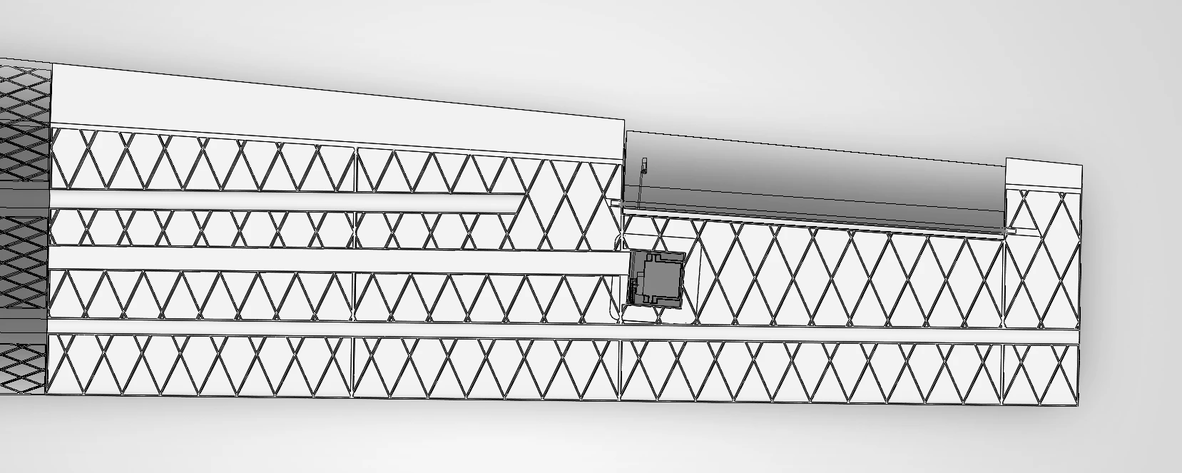 A section through the wing showing the diamond lattice printed inside it, running out through the span, with an aileron servo recessed into the structure and its linkage passing through.