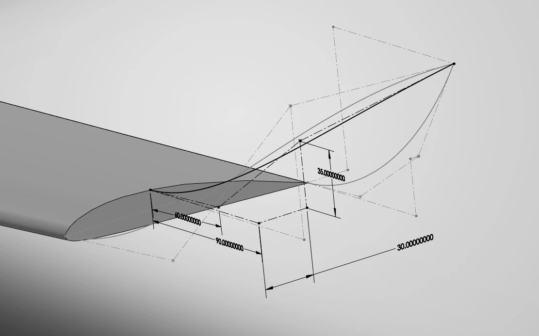 The wing tip with the winglet swept up and back off it, drawn as splines over their construction geometry and dimensioned at 30, 35, 60 and 90 mm.